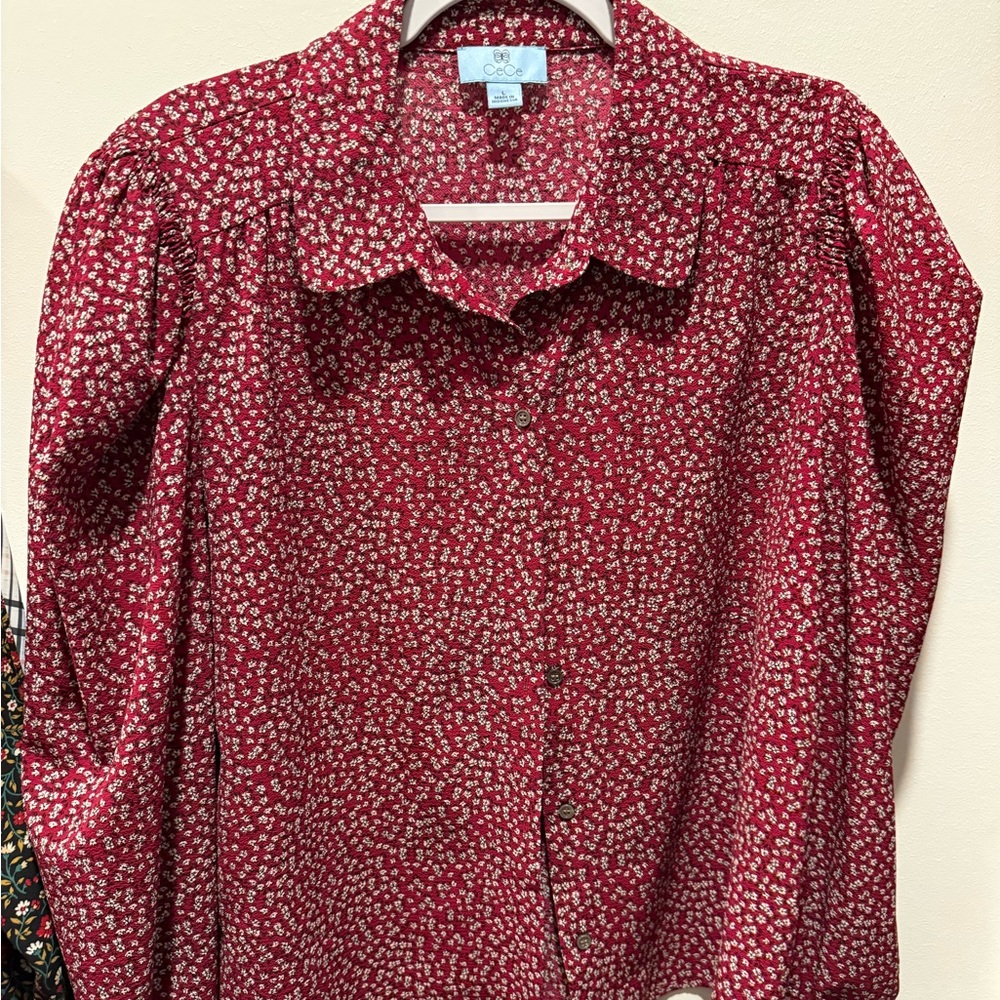 CeCe Red Floral Button Down Shirt